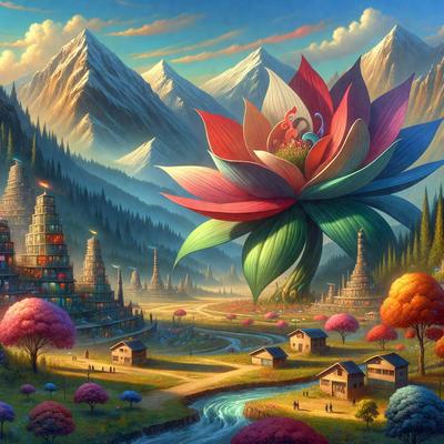 The primary subject of the image is a large, colorful flower with a pink center, surrounded by a variety of smaller flowers. The setting is a picturesque landscape featuring a river, mountains, and a village with houses and trees. The visual style is a digital art or illustration, with vibrant colors and a lush, natural atmosphere.